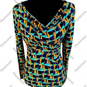 CABI Blue and Yellow Geometric Drape Neck Long Sleeve Stretchy Blouse.